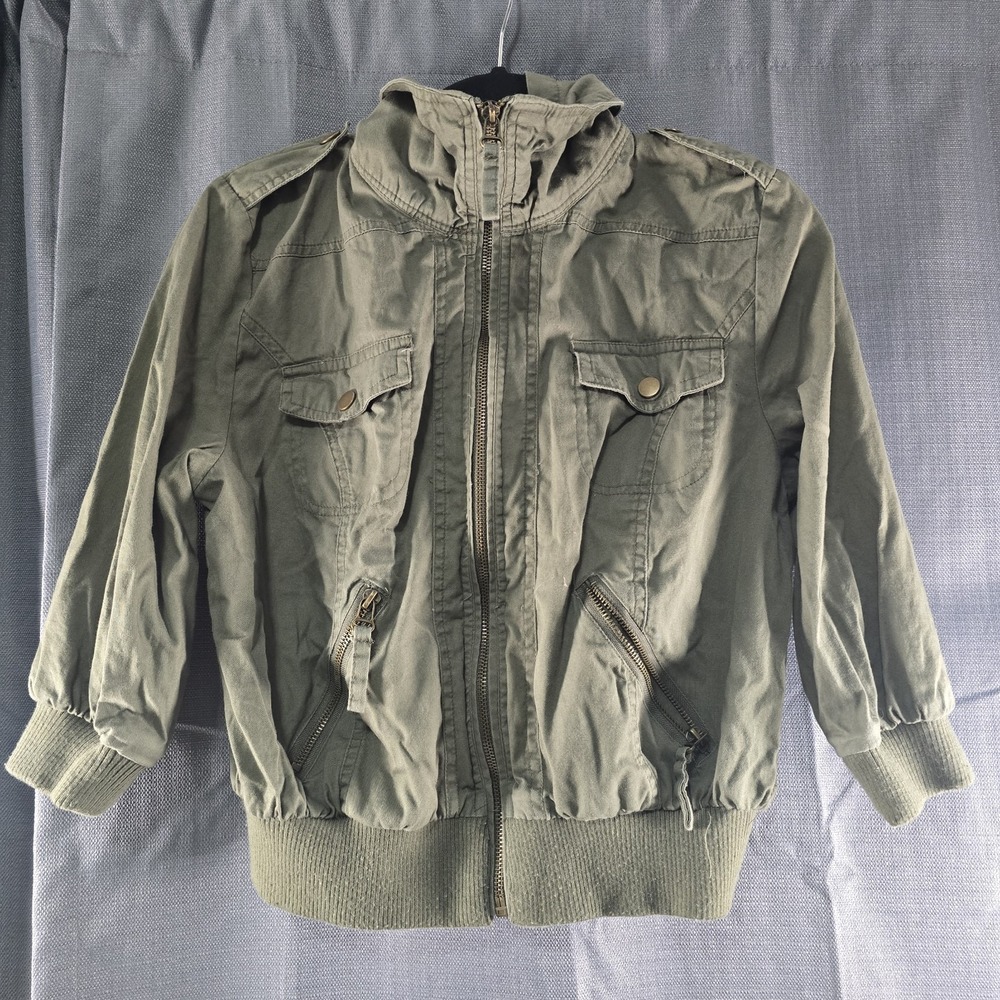 Paris Blues Hooded Zip Jacket Green Pockets Epaulette Button Women's L